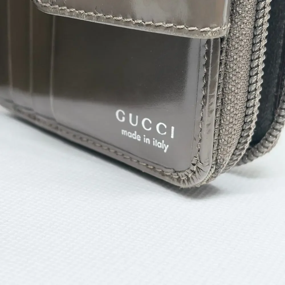 Gucci Bamboo Compact Zip Around Bifold Wallet Taupe Patent Leather